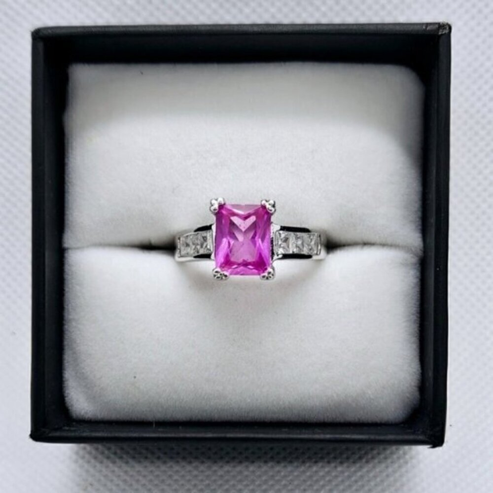 Pink CZ Statement Ring Size 8 Emerald Cut Cocktail Silver Tone